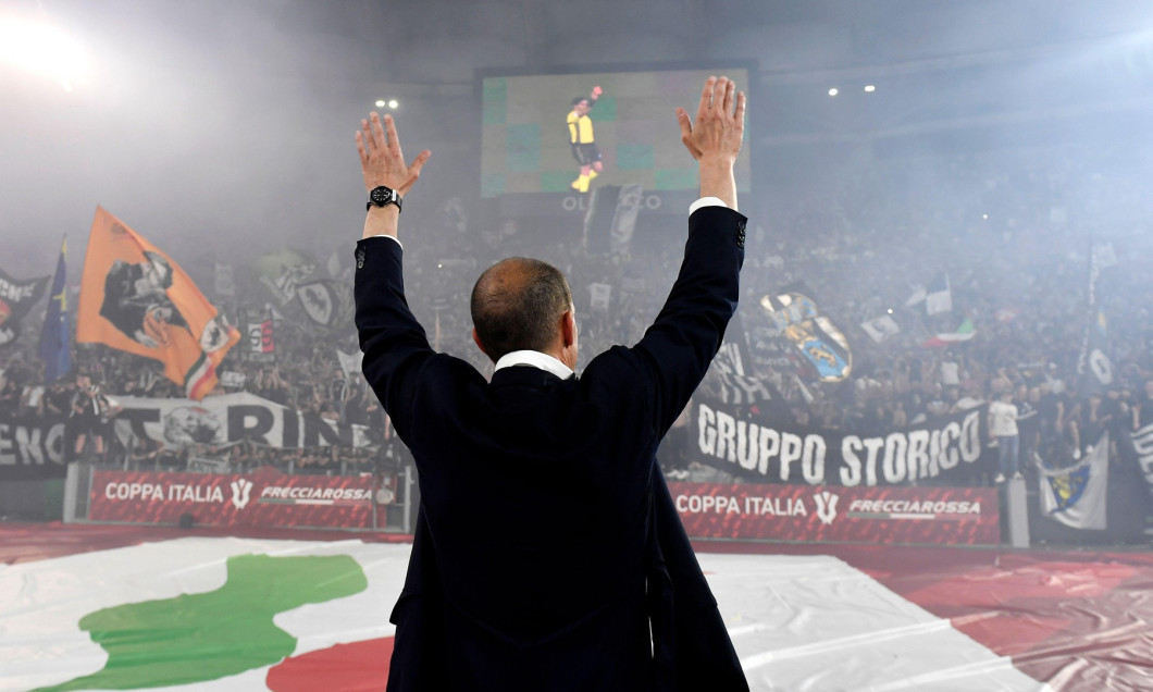 Rome, Italy. 15th May, 2024. Massimiliano Allegri Head coach of Juventus FC celebrates at the end of the Italy cup final match between Atalanta BC and Juventus FC at Olimpico stadium in Rome (Italy), May 15, 2024. Juventus defeated Atalanta 1-0. Credit: I