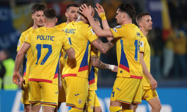 Serravalle, Italy. 24th Mar, 2025. Denis Alibec of Romania celebrates with team mates after scoring to give the side a 5-1 lead during the UEFA European Championship Qualifying match at San Marino Stadium, Serravalle. Picture credit should read: Jonathan