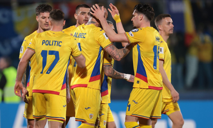 Serravalle, Italy. 24th Mar, 2025. Denis Alibec of Romania celebrates with team mates after scoring to give the side a 5-1 lead during the UEFA European Championship Qualifying match at San Marino Stadium, Serravalle. Picture credit should read: Jonathan