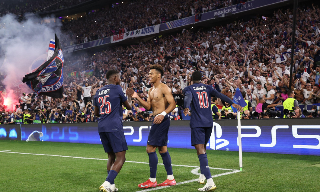 Munich, Germany, 31st May 2025. Desire Doue of Paris St Germain celebrates scoring their third goal during the Paris Saint Germain vs Internazionale UEFA Champions League Final match at Munich Football Arena, Munich. Picture credit should read: David Kle
