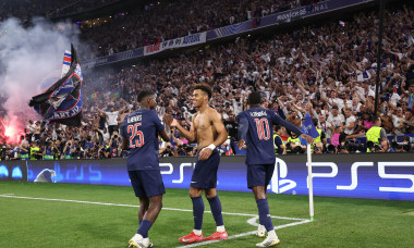 Munich, Germany, 31st May 2025. Desire Doue of Paris St Germain celebrates scoring their third goal during the Paris Saint Germain vs Internazionale UEFA Champions League Final match at Munich Football Arena, Munich. Picture credit should read: David Kle