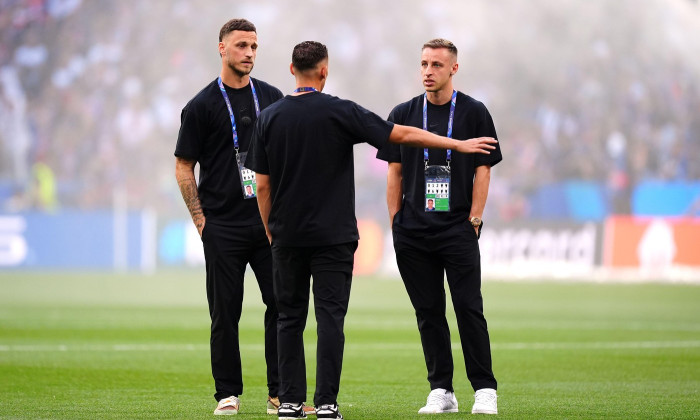 Inter Milan's Marko Arnautovic and Davide Frattesi (right) ahead of the UEFA Champions League final at the Munich Football Arena, Munich, Germany. Picture date: Saturday May 31, 2025.