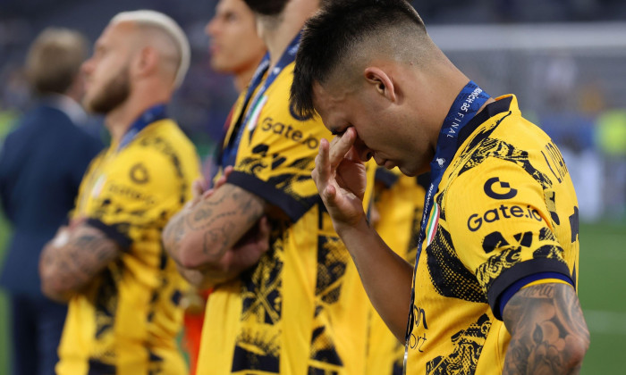 Lautaro Martinez of Fc Internazionale looks dejected at the end of the UEFA Champions League Final 2025 match between Paris Saint-Germain Fc and Fc Internazionale Milano at Munich Football Arena on May 31, 2025 in Munich, Germany.