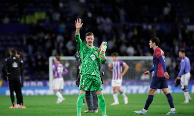 VALLADOLID, SPAIN - May 3: Marc-Andre ter Stegen of Barcelona greet fans during the La Liga 2024/25 match between Valladolid and Barcelona at Jose Zorrilla Stadium. (Photo by Guillermo Martinez)
