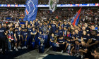 Les joueurs du PSG célèbrent leur titre de Champion d'Europe au Parc Des Princes à Paris