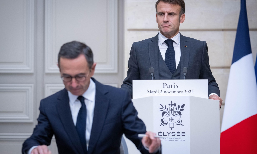 Paris, France. 05th Nov, 2024. Emmanuel Macron, President of the Republic, and Bruno Retailleau, Minister of the Interior and Overseas France, at the signing of a treaty in Paris, France on November 5, 2024, as part of the Kazakh President's state visit t