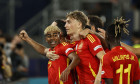 STUTTGART - (l-r) Nico Williams of Spain, Lamine Yamal of Spain, Dean Huijsen of Spain, Pedri of Spain celebrate the 3-0 during the UEFA Nations League semifinal match Spain v. France at the Stuttgart Arena on June 5, 2025 in Stuttgart, Germany. ANP | Hol
