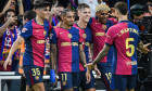 Barcelona, Espagne. 11th May, 2025. Raphael DIAS BELLOLI (Raphinha) of Barcelona celebrate his goal with Gerard MARTIN of Barcelona, Dani OLMO of Barcelona, Lamine YAMAL of Barcelona and Inigo MARTINEZ of Barcelona during the Spanish championship La Liga