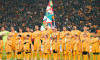 Nations League C, Group C2: Romania vs. Kosovo Romanian players sing the national anthem before the Nations League C, Gr