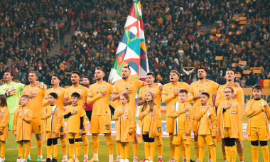 Nations League C, Group C2: Romania vs. Kosovo Romanian players sing the national anthem before the Nations League C, Gr