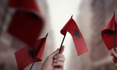 A group of people holding small flags of the Albania in their hands.