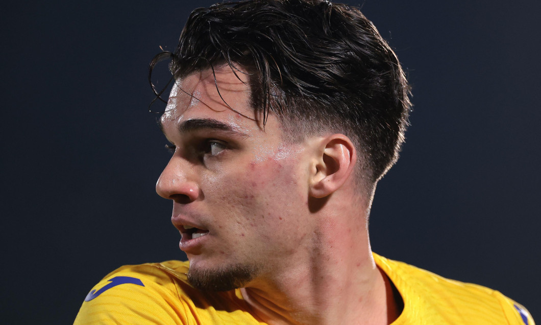 Serravalle, Italy. 24th Mar, 2025. Ianis Hagi of Romania looks over his shoulder during the UEFA European Championship Qualifying match at San Marino Stadium, Serravalle. Picture credit should read: Jonathan Moscrop/Sportimage Credit: Sportimage Ltd/Alamy
