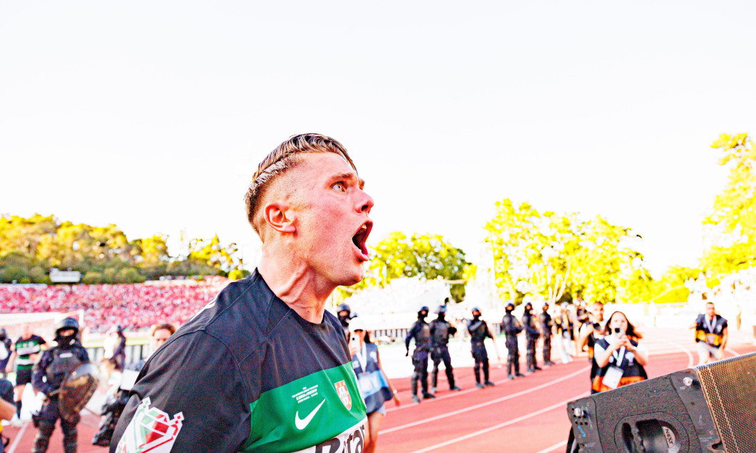 Viktor Gyokeres seen celebrating after scoring goal during Taca de Portugal 2025 final game between teams of SL Benfica and Sporting CP (Maciej Rogows