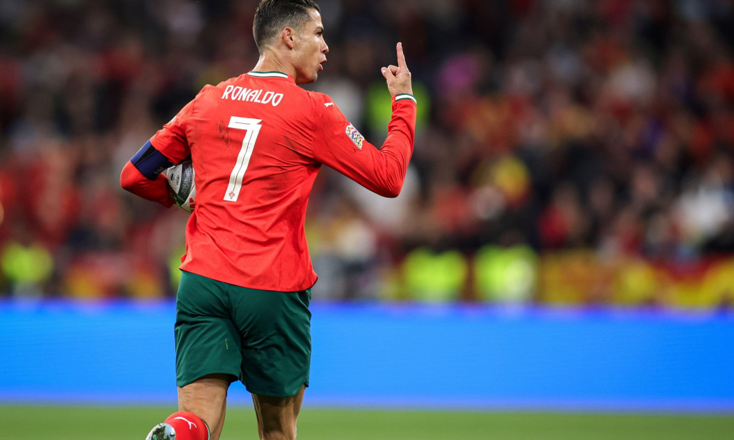 MUNICH, GERMANY - JUNE 08: Cristiano Ronaldo of Portugal reacts after scoring his team`s second goal during the UEFA Nations League 2025 final match between Portugal and Spain at Munich Football Arena on June 08, 2025 in Munich, Germany. © diebilderwelt
