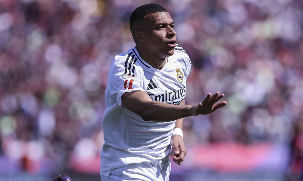 Kylian Mbappe of Real Madrid celebrates a goal during the Spanish championship La Liga football match between FC Barcelona and Real Madrid CF on 11 May 2025 at Estadio Olimpico Lluis Companys in Barcelona, Spain