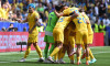 Bucurie a fotbalistilor romani printre care Andrei RaĂ�â€şiu dupa un gol marcat in meciul dintre Romania si Ucraina, din ca