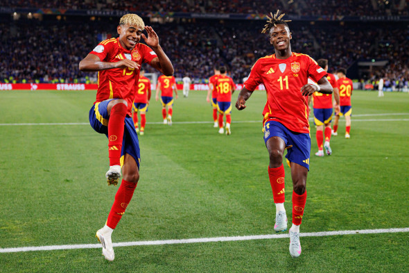 Lamine Yamal and Nico Williams seen celebrating after goal during UEFA Nations League 2025 semifinal game between national teams of Spain and France
