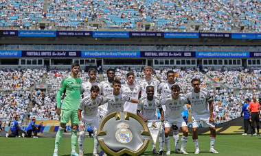 Charlotte, United States, 20th Jun, 2025. (L-R) Real Madrid C.F. quad poses for team photo with goalkeeper Thibaut Courtois, Raul Asencio, Aurelien Tchouameni, Federico Valverde, Dean Huijsen, Jude Bellingham, Fran Garcia, Arda Guler, Vinicius Jr., Gonzal