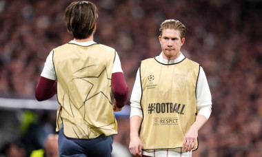 Manchester City's Kevin De Bruyne (right) and Jack Grealish warming up along the touchline during the UEFA Champions League Knockout Phase Play Offs Second Leg match at Santiago Bernabeu, Madrid. Picture date: Wednesday February 19, 2025.