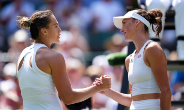 Aryna Sabalenka (left) following her victory over Carson Branstine on day one of the 2025 Wimbledon Championships at the All England Lawn Tennis and Croquet Club, London. Picture date: Monday June 30, 2025.