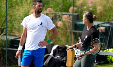 Novak Djokovic and Aryna Sabalenka during a practice session at the All England Lawn Tennis and Croquet Club, ahead of the Wimbledon Championships, which begin on June 30th. Picture date: Wednesday June 25, 2025.
