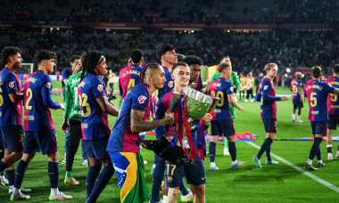 Barcelona, Spain. 19th May, 2025. Raphael Dias Belloli Raphinha with Marc Casado of FC Barcelona celebrate after the match during the La Liga EA Sports match between FC Barcelona and Villarreal CF played at Lluis Companys Stadium on 18 May 2025 in Barcelo