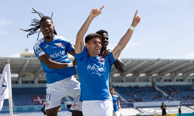Players of Belenenses celebrate goal scored by Ricardo Matos during Liga Portugal 2 game between CF OS Belenenses and Ac
