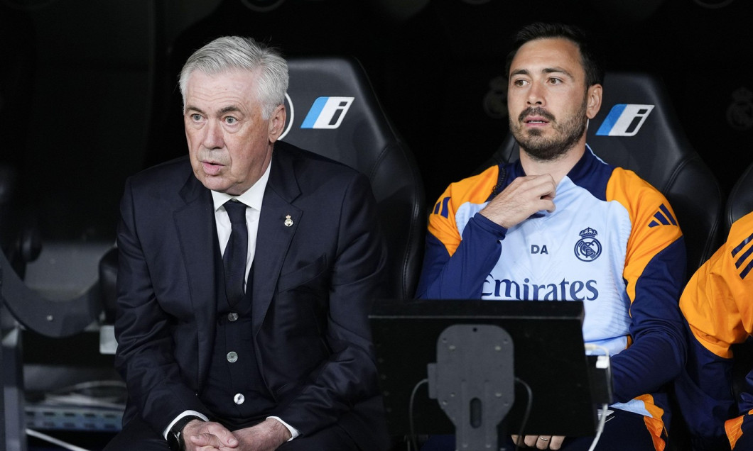 Carlo Ancelotti, head coach of Real Madrid and Davide Ancelotti during the Spanish championship La Liga football match between Real Madrid CF and RCD Mallorca on 14 May 2025 at Santiago Bernabeu stadium in Madrid, Spain