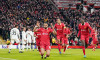 Liverpool forward Cody Gakpo (18) scores a GOAL 2-0 and celebrates with Liverpool defender Virgil van Dijk (4) and Liverpool defender Ibrahima Konate (5) during the Liverpool FC v Real Madrid CF UEFA Champions League Round 1 league phase Matchday 5 at Anf