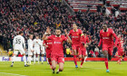 Liverpool forward Cody Gakpo (18) scores a GOAL 2-0 and celebrates with Liverpool defender Virgil van Dijk (4) and Liverpool defender Ibrahima Konate (5) during the Liverpool FC v Real Madrid CF UEFA Champions League Round 1 league phase Matchday 5 at Anf