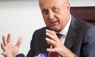 Bucharest, Romania. 16th Jun, 2025: Dan Sucu, the financier of Fotbal Club Rapid Bucharest, speaks during the presentation of Mauro Pederzoli (not in picture), the new sporting director of the team. Credit: Lucian Alecu/Alamy Live News