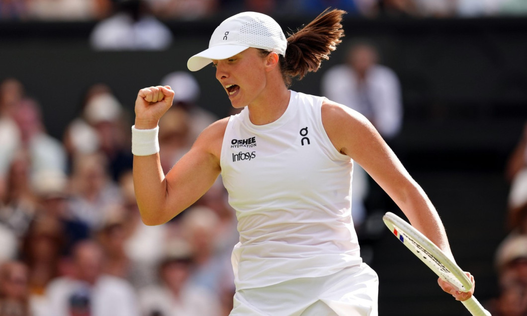 Iga Swiatek reacts during her Ladies' Singles Final against Amanda Anisimova on day thirteen of the 2025 Wimbledon Championships at the All England Lawn Tennis and Croquet Club, London. Picture date: Saturday July 12, 2025.