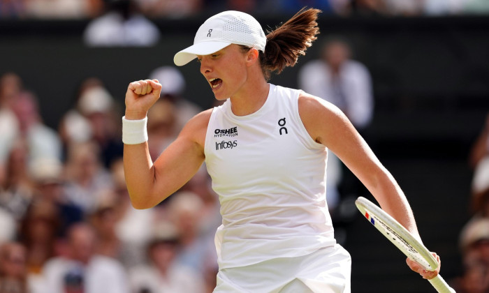 Iga Swiatek reacts during her Ladies' Singles Final against Amanda Anisimova on day thirteen of the 2025 Wimbledon Championships at the All England Lawn Tennis and Croquet Club, London. Picture date: Saturday July 12, 2025.