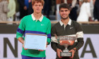 French Open 2025 Champion Carlos Alcaraz and runner up Jannik Sinner (ITA) with trophies at Roland Garros, Paris, France.