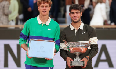 French Open 2025 Champion Carlos Alcaraz and runner up Jannik Sinner (ITA) with trophies at Roland Garros, Paris, France.