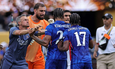 East Rutherford, United States. 12th July, 2025. Paris Saint-Germain's Spanish coach Luis Enrique (L) grabs the face of Chelsea's Brazilian forward Joao Pedro the match between Chelsea FC and PSG for the Final of the FIFA Club World Cup 2025, at MetLife S