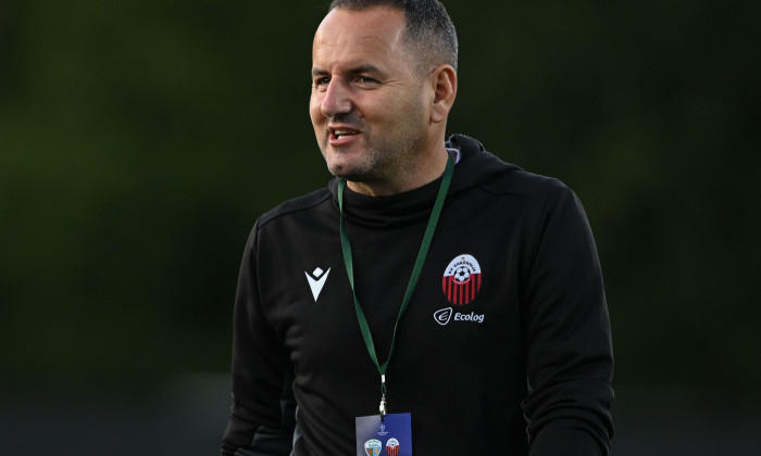 Park Hall Stadium, Oswestry, Shropshire, England, 8th July 2025. Jeton Bekjiri manager of KF Shkëndija following The New Saints of Oswestry Town & Llansantffraid Football CluB/The New Saints (TNS) v KF Shkëndija/Klubi i Futbollit Shkëndija (Shkëndija) in