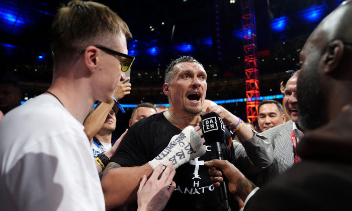 Oleksandr Usyk speaks to the media after winning their IBF, IBO, WBC and WBO World heavyweight bout against Daniel Dubois at Wembley Stadium, London. Picture date: Saturday July 19, 2025.