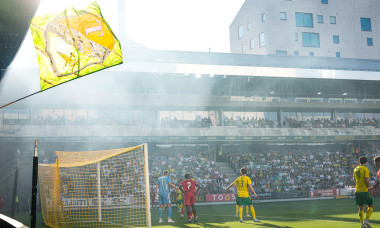 TAMPERE, FINLAND - JULY 24: fans of Ilves Tampere with fireworks during the UEFA Conference League Second Qualifying Round match between Ilves Tampere and AZ Alkmaar at Tammela Stadion on July 24, 2025 in Tampere, Finland. (Photo by Ed van de Pol/Orange P
