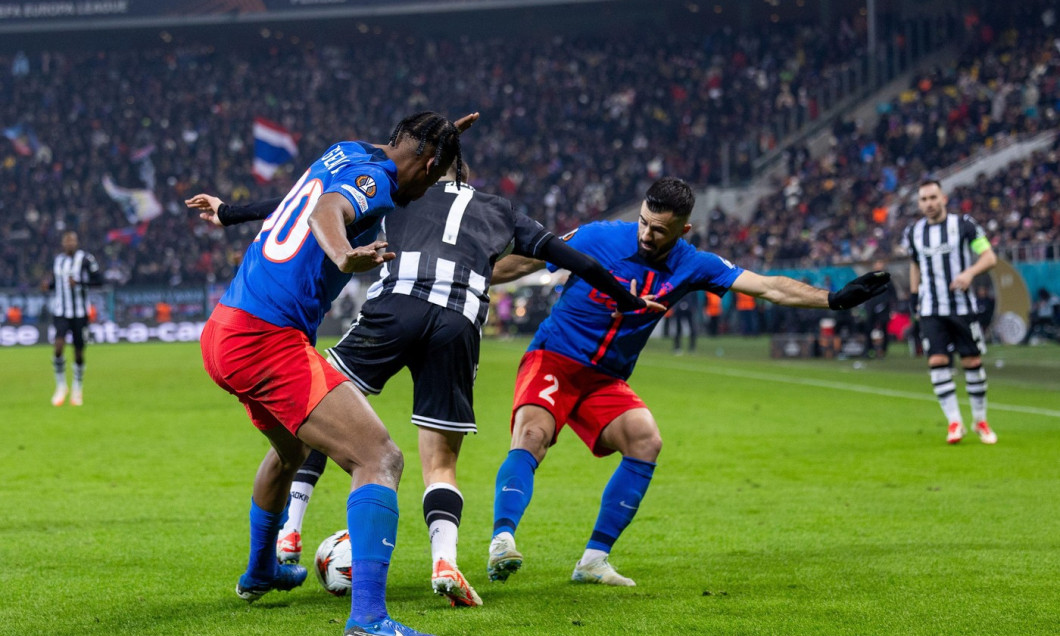 Siyabonga Ngezana of FCSB, Valentin Cretu of FCSB and Giannis Konstantelias of PAOK FC in action during the UEFA Europa League, Knockout phase play-offs, 2nd leg football match between FCBS and PAOK on 20 February 2025 at National Arena in Bucharest, Roma