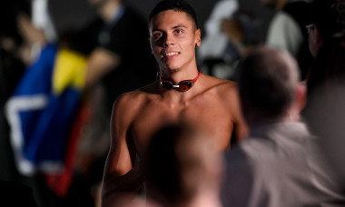 David Popovici of Romania reacts after winning the gold medal in the swimming 200m Freestyle Men Final during the 22nd World Aquatics Championships at the WAC Arena in Singapore (Singapore), July 29, 2025.