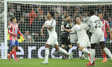Rodrygo of Real Madrid celebrates his goal with Brahim Diaz during the UEFA Champions League, Round of 16, 1st leg football match between Real Madrid and Atletico de Madrid on March 4, 2025 at Santiago Bernabeu stadium in Madrid, Spain