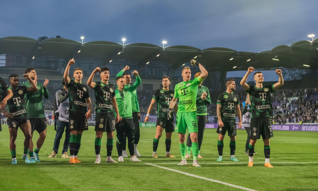 Budapest, Hungary – May 1, 2023. Ferencvaros players celebrating victory in the Budapest derby Ujpest FC vs Ferencvaros (2-3).