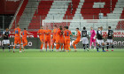 Thun, Bern, August 07 2025: Franko Kovacevic (9 Celje) celebrates after scoring his team's second goal with teammates during the UEFA Conference League Football game between FC Lugano and NK Celje at Stockhorn Arena in Thun, Switzerland. (Kjetil Waber /