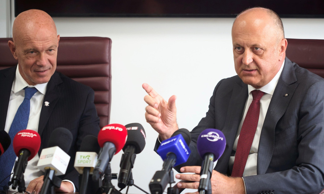 Bucharest, Romania. 16th Jun, 2025: Dan Sucu (R), the financier of Fotbal Club Rapid Bucharest, speaks during the presentation of Mauro Pederzoli (L), the new sporting director of the team. Credit: Lucian Alecu/Alamy Live News