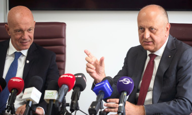 Bucharest, Romania. 16th Jun, 2025: Dan Sucu (R), the financier of Fotbal Club Rapid Bucharest, speaks during the presentation of Mauro Pederzoli (L), the new sporting director of the team. Credit: Lucian Alecu/Alamy Live News
