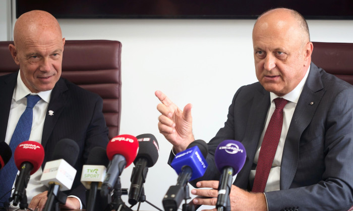 Bucharest, Romania. 16th Jun, 2025: Dan Sucu (R), the financier of Fotbal Club Rapid Bucharest, speaks during the presentation of Mauro Pederzoli (L), the new sporting director of the team. Credit: Lucian Alecu/Alamy Live News