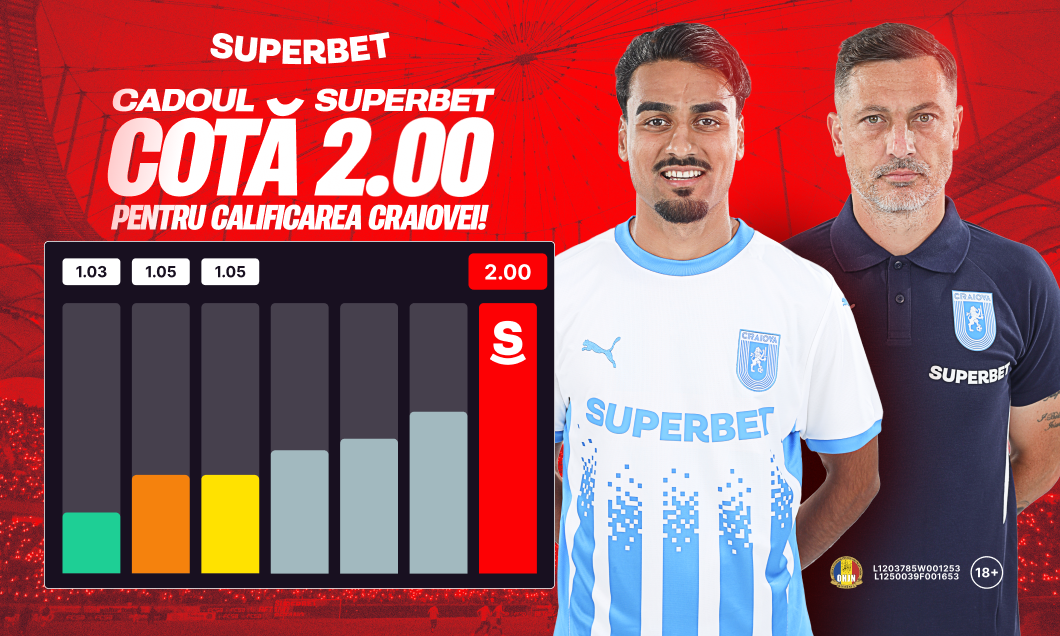 (P) Cadoul Superbet: Cotă 2.00 în loc de 1.04 pentru calificarea Universității Craiova!