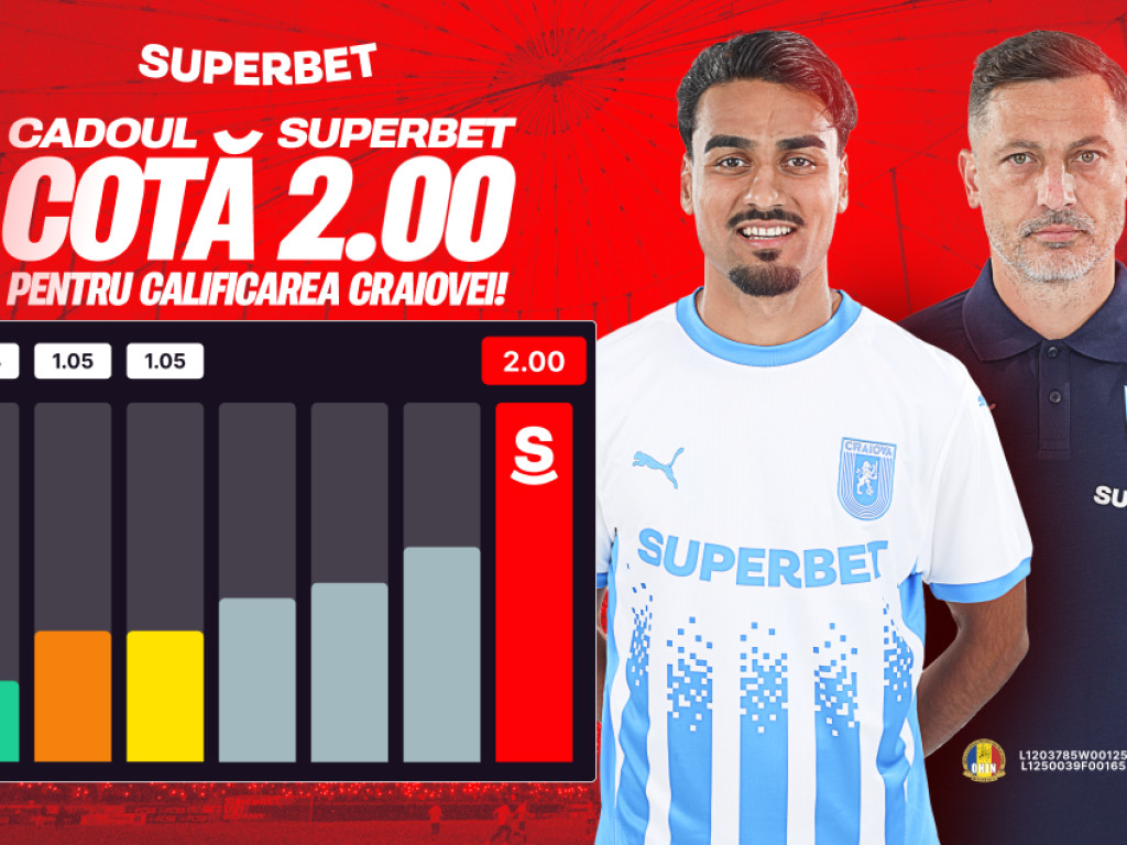 (P) Cadoul Superbet: Cotă 2.00 în loc de 1.04 pentru calificarea Universității Craiova!