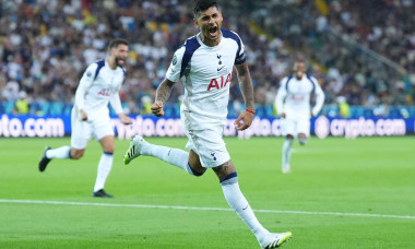 Tottenham Hotspur's Cristian Romero celebrates scoring their side's second goal during the UEFA Super Cup final at the Bluenergy Stadium in Udine, Italy. Picture date: Wednesday August 13, 2025.